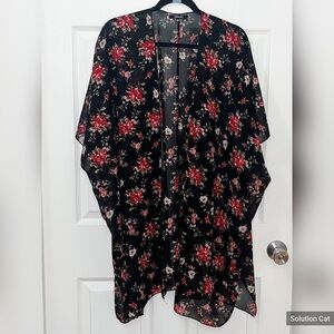 Boho Open Front Floral Duster sheer Cardigan Kimono Size Medium in Black